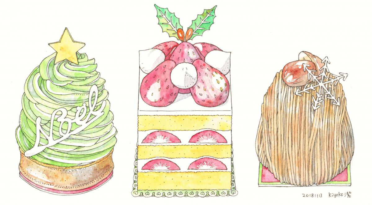 ケーキ（クリスマスツリー、ショートケーキ、モンブラン）
