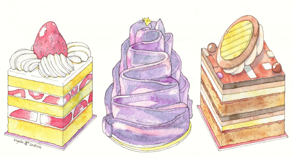 cakes (Japanese short cake, purple sweet potato mont-blanc, opera)